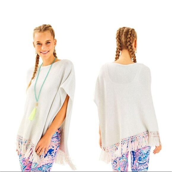 Lilly Pulitzer Floreanna Poncho women's one size silver metallic fringe knit - Picture 1 of 7